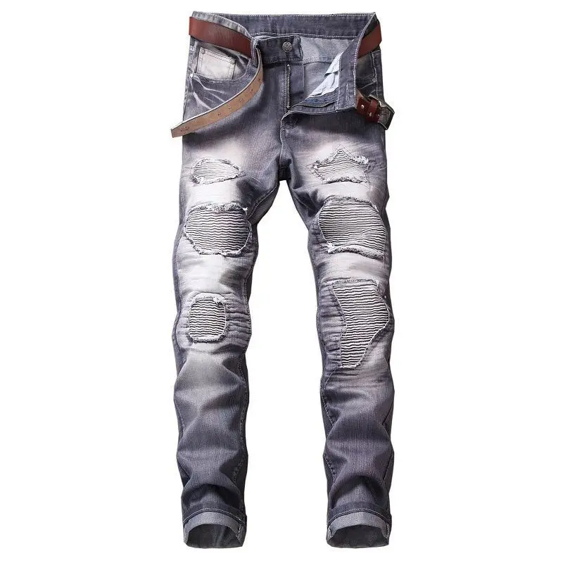 Men's Red Ripped Denim Pants Knee Hole Zipper Biker Jeans Men Slim Skinny Destroyed Jean Pants Hip-Hop Motorcycle Denim Trousers