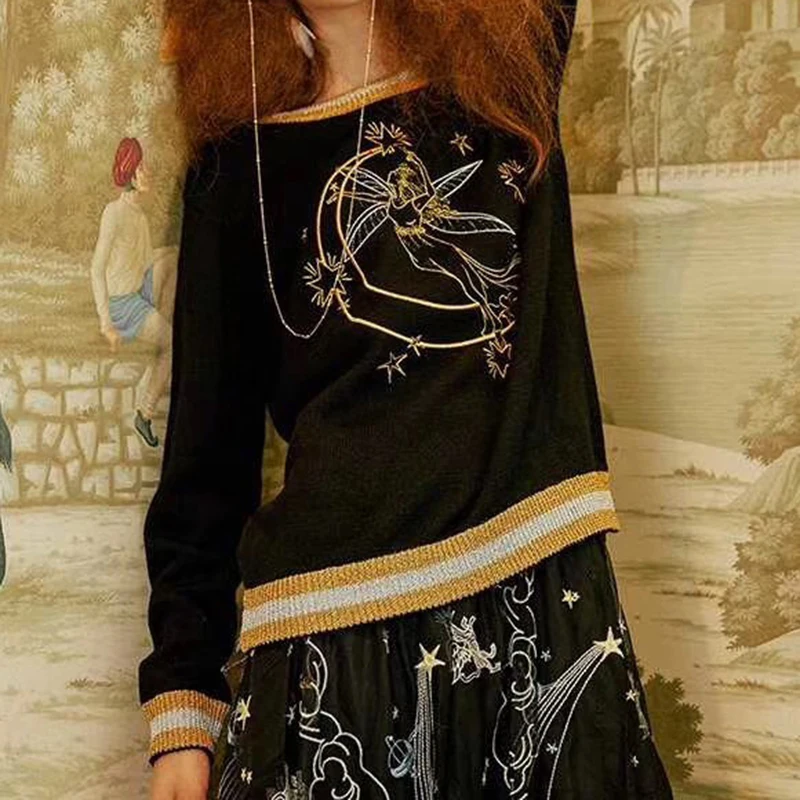 Женский вязаный свитер с люрексом Черный Повседневный пуловер вышивкой в виде