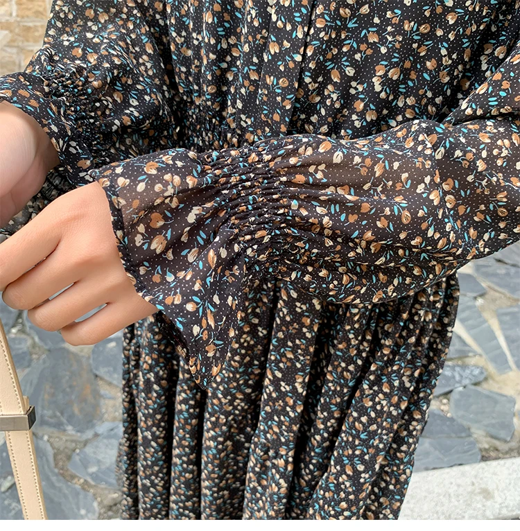 Women Chiffon Dress 2021 Spring Summer Fashion Female Long Sleeve Print Floral Vintage Casual Elastic Waist A-line Vestido | Женская