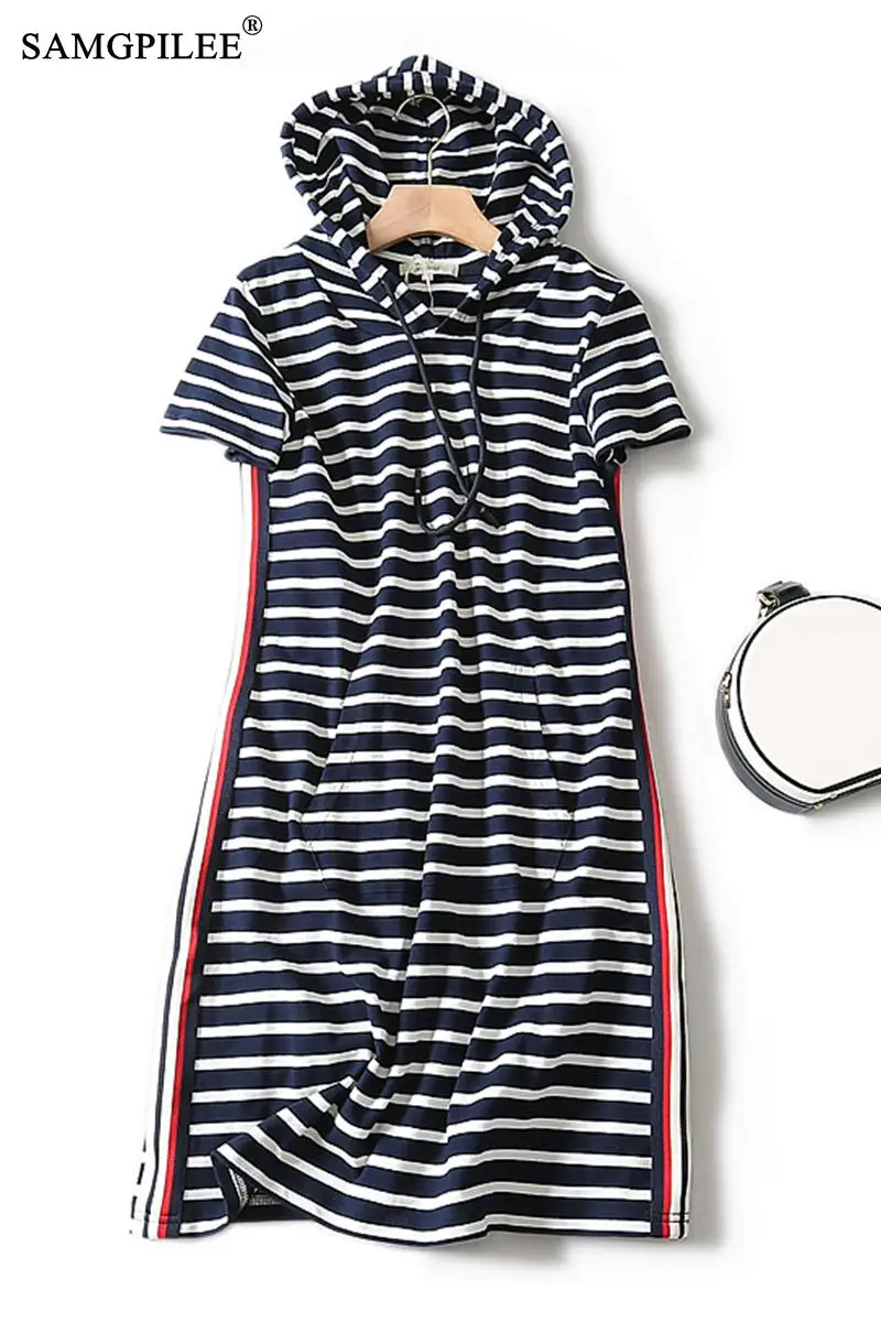 

Women Dresses Summer 2020 Casual Dress A-line Striped Short Sleeve Elegant Dress Knee-length Empire Hooded Dresses For Women 3XL