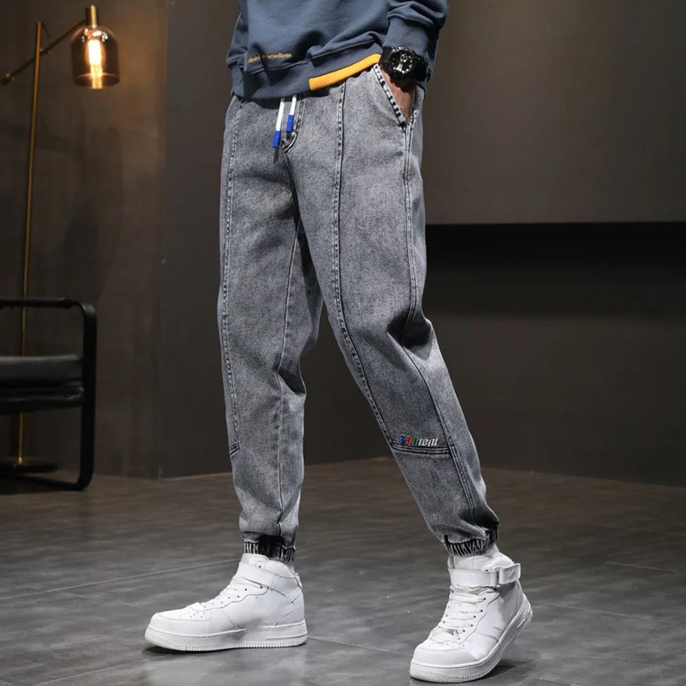 Autumn Jeans Men's Loose-fitting Harem Denim Pants Plus Fat Plus Size Trendy Casual Straight Nine Points Pants Streetwear Gray