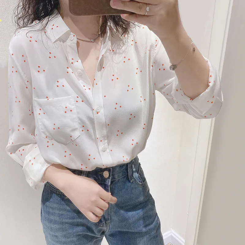 Женская рубашка из натурального шелка офисная блузка с длинным рукавом и принтом