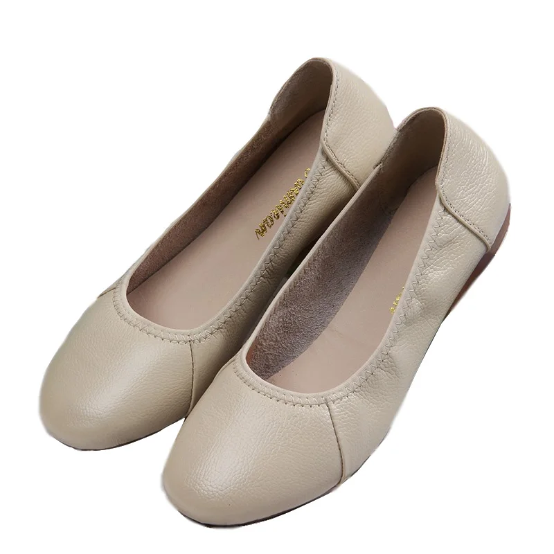 Beige OUKAHUI/Классические балетки из натуральной кожи; женская обувь на плоской подошве с круглым носком; однотонная черная обувь с закрытым носком; мягкая офисная обувь для беременных; женская обувь на плоской подошве - Цвет: Beige