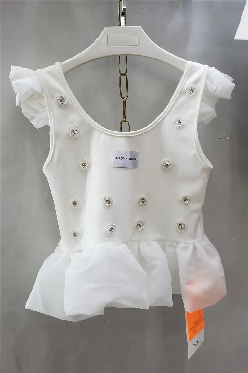 

2021 Summer New Minority Fashion Design Sense Bead Stitching Mesh Hem Slim Women's Western Style Small Shirt Tank Top Women