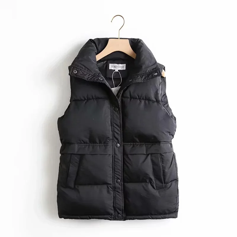 

Women's Windproof Warm Vest Autumn Winter Women's Solid Color Loose Vest Drawstring Stand Collar Long Vest Jacket Cotton