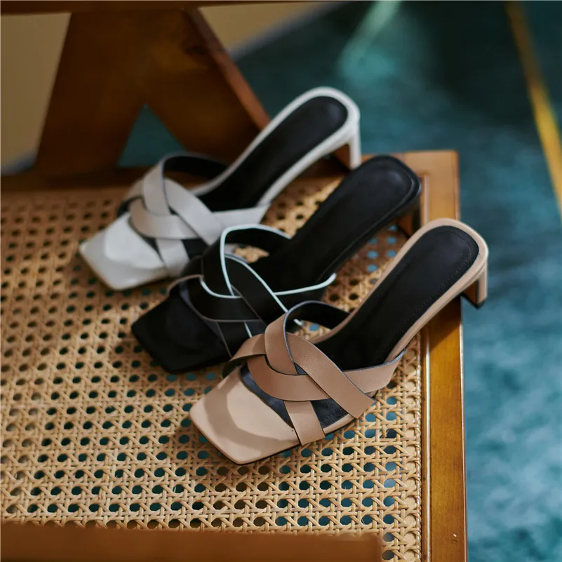 

Meotina Genuine Leather Shoes Square Toe Slippers Summer Thick High Heel Slides Narrow Band Fashion Ladies Footwear 2021 Apricot
