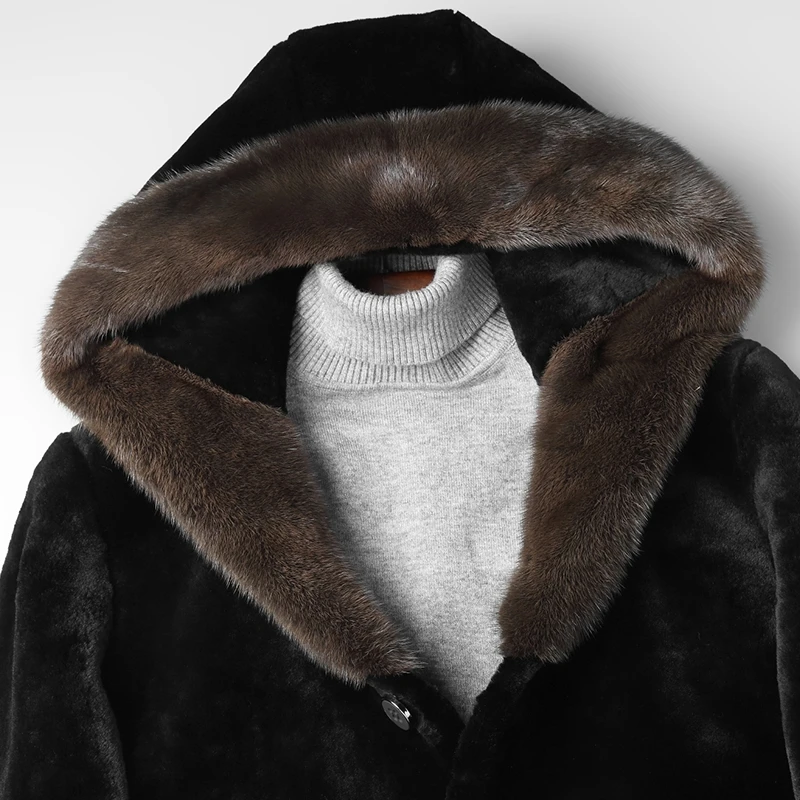 

Sheep Winter Natural Shearling Jacket Hooded Mink Fur Collar Real Fur Coat Men Long Jackets Luxury Coat L28-5902 KJ2484