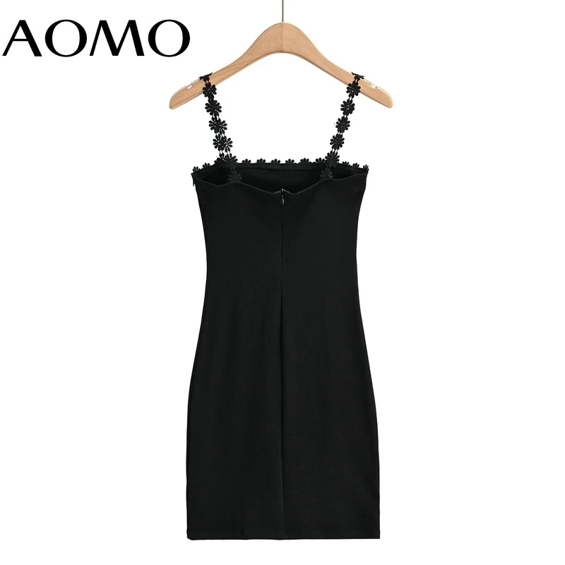 

AOMO Women Black Lace Patchwork Short Dress Strap Sleeveless 2021 Fashion Lady Dresses Vestido 4P56A
