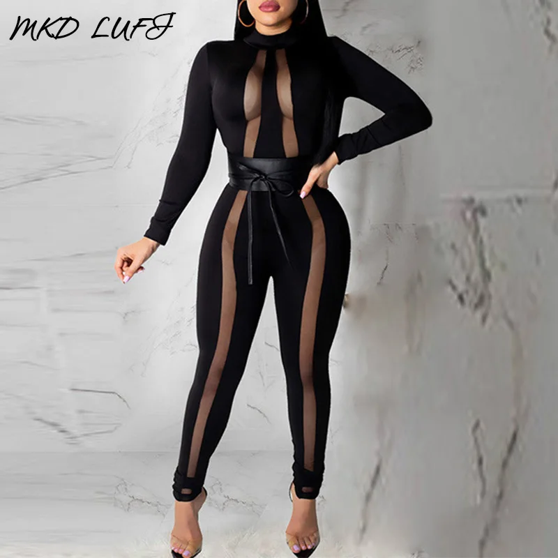 Сексуальный комбинезон с длинными рукавами и открытой спиной из сетки для женщин, облегающий по фигуре с патчворком.