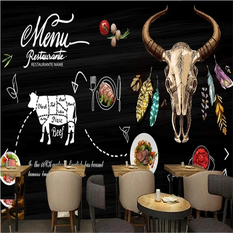 Пользовательские Настенные обои 3D черная ручная роспись стейк Вестерн Ресторан