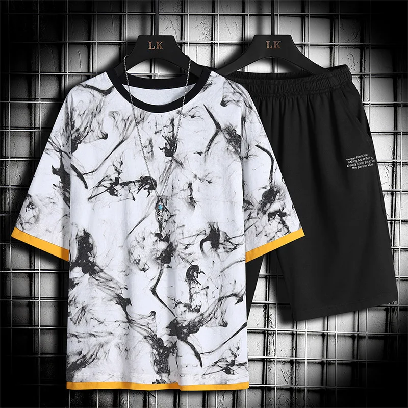 

2021 Summer New Mens Casual Set Fashion 2 PCS Sportswear Suit Short Sleeve T-shirt Shorts Sets Male Sportswear Tracksuit Men 4XL
