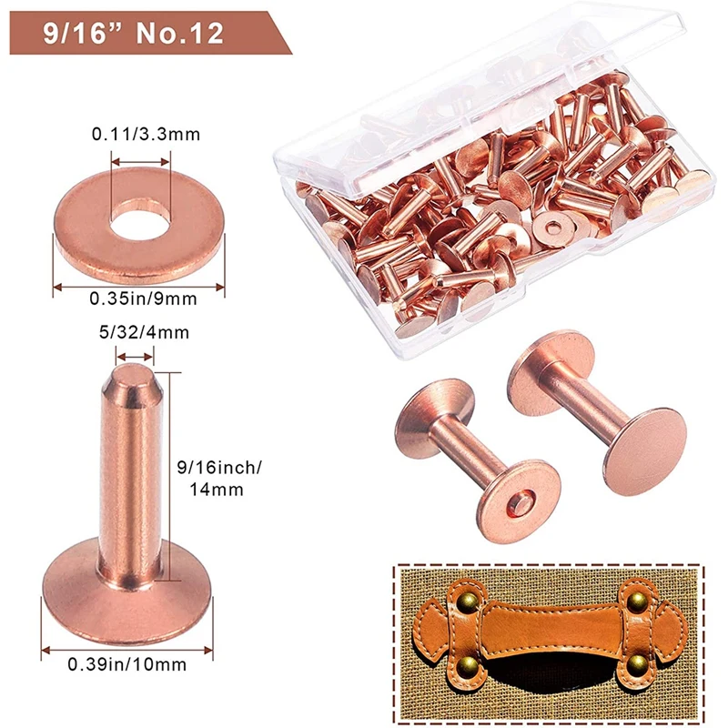 

50 Sets of Copper Rivets and Burrs,Leather Belt Wallets, Leather Copper Rivets, Leather DIY Craft Supplies (9/16 Inches)