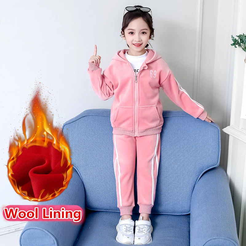 

Winter Girls Clothing Set Kids Thicken Warm Pants Suit Children Plus Velvet Tracksuit Toddlers Teenagers Hooded Top 2Pcs 4-13Yrs