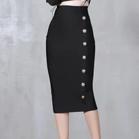 2021 summer elegant midi pencil skirt high waist bandgae skirt black elastic bandage skirts button women clothes