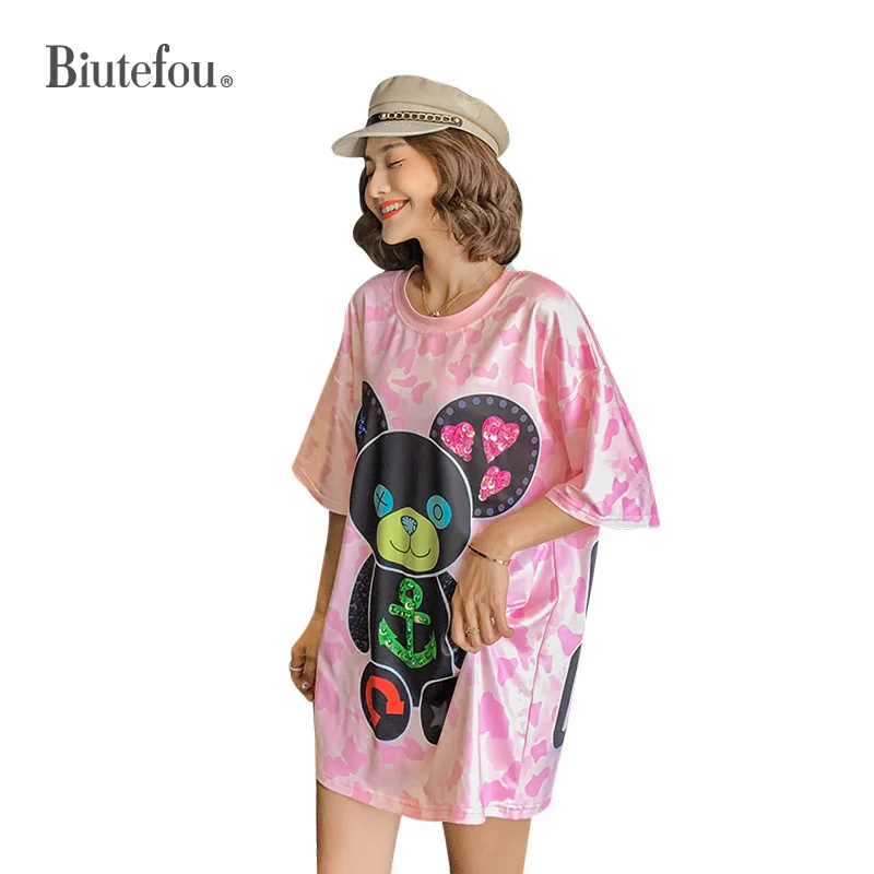 Летние женские платья с блестками коротким рукавом и мультяшным принтом 2020 |