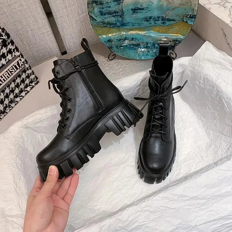 

Women's ankle Boots PU Leather White Ankle Boots Autumn Winter Motorcycle Boots Fashion Female Chunky Heel Platform Boots