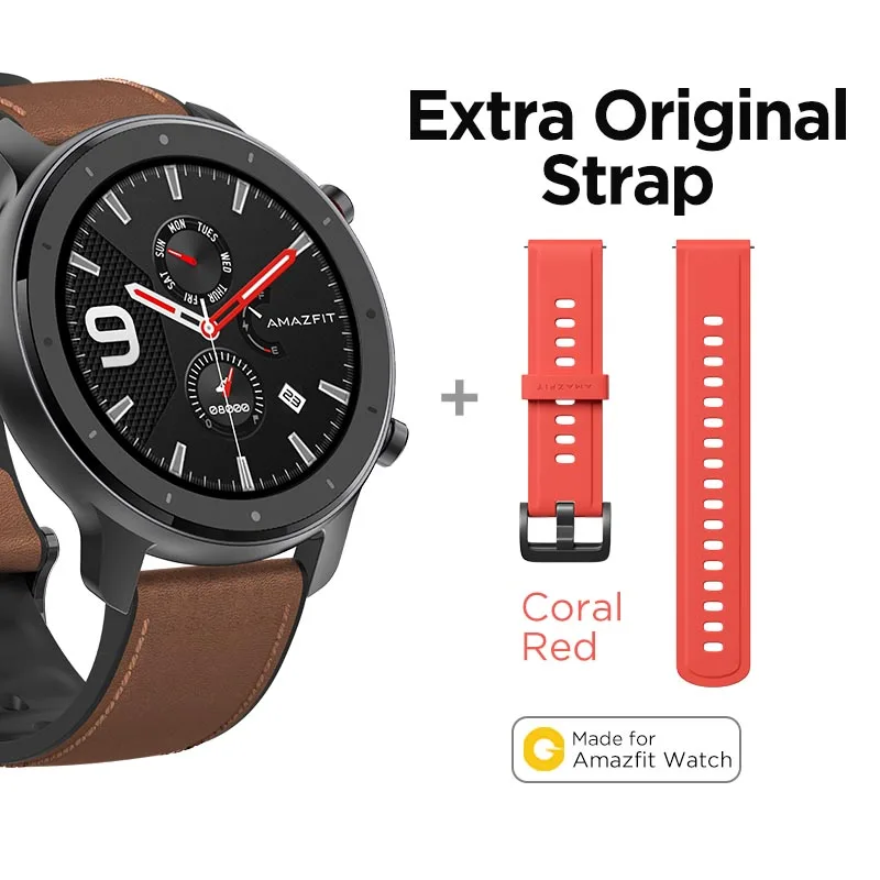 A-Extra Red Strap Глобальная версия, Новые смарт-часы Amazfit GTR, 47 мм, 5ATM, умные часы, 24 дня, батарея, управление музыкой, для Xiaomi, Android, IOS, телефона - Цвет: A-Extra Red Strap