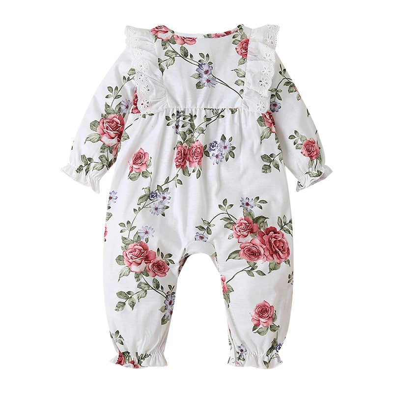 

New Spring Baby Ins Baby Romper Girls Sweet Floral White Long-sleeved Romper, Hollow Ruffled Long-sleeved Romper 86cm