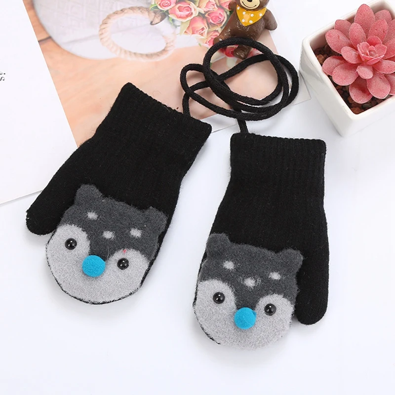 

New 0-3 Y Cute Cartoon Fox Baby Gloves Winter Wool Plus Thick Full Rope Finger Mittens Warm Knitted Gloves For Kids Boys Girls