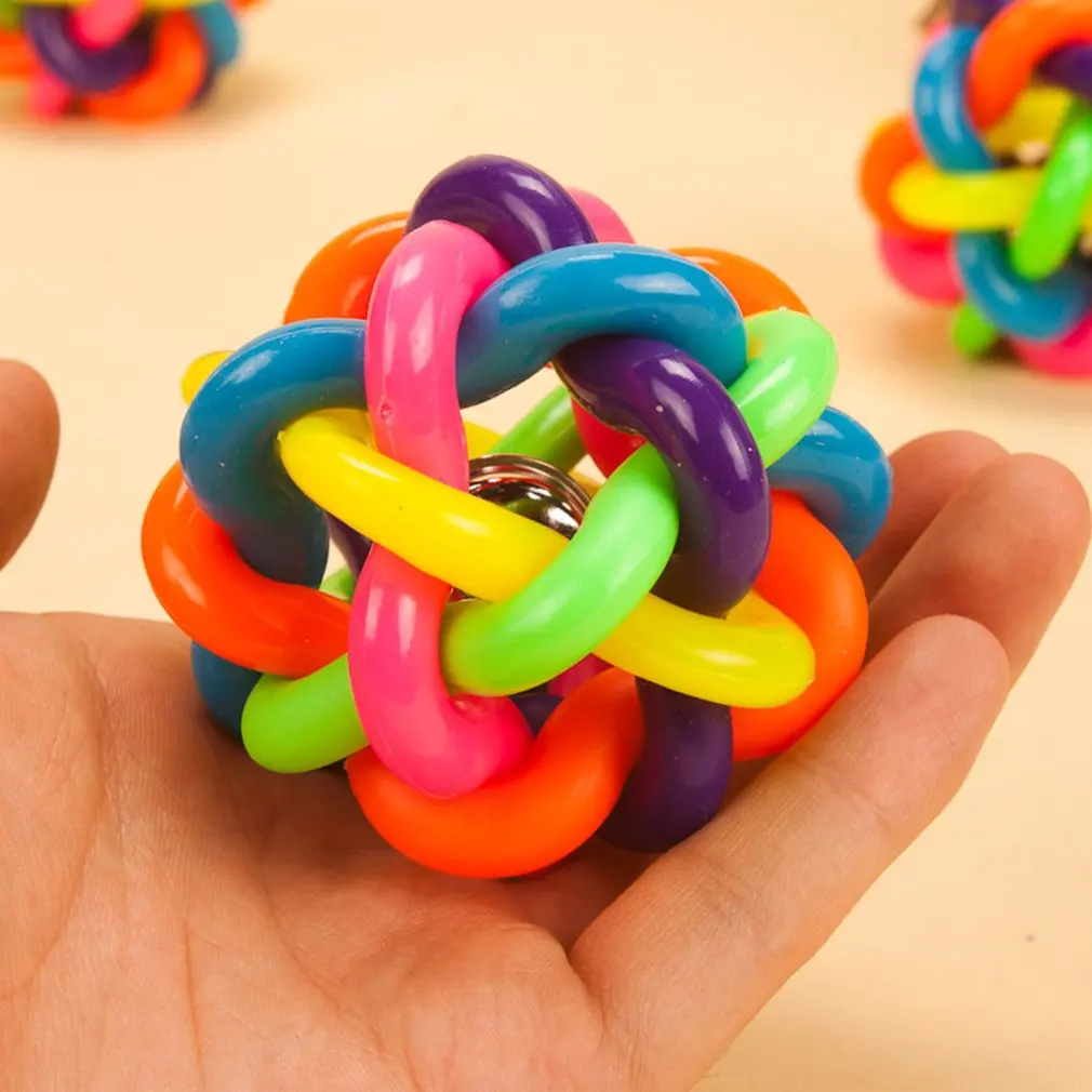 

Pet Dog Puppy Jingle Bell Ring Plastic Ball Round Roll Fetch Play Chew Toy Colorful Rubber Dog Toy Rainbow Ball drop shipping