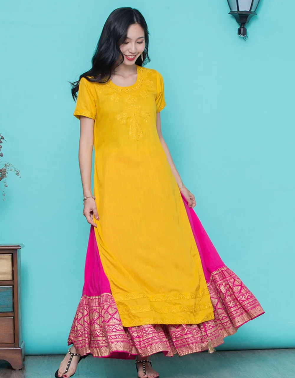 Новые женские модные комплекты в этническом стиле хлопок Индия Kurtas короткий рукав длинный желтый тонкий Топ Юбка