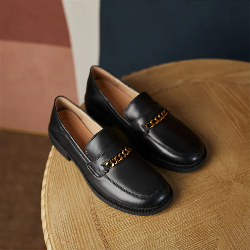 

ANNYMOLI Loafers Shoes Women Natural Genuine Leather Low Heels Chain Round Toe Pumps Thick Heel Female Footwear Spring Beige 39