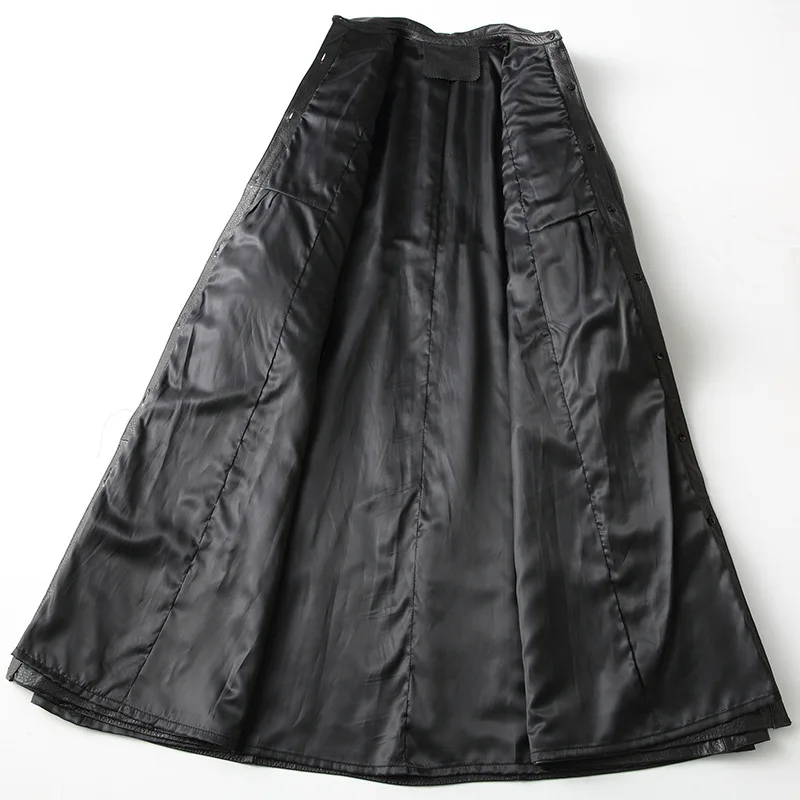 Fall Simple Genuine Leather  Women Long Sheepskin Trench Coat Classic Black Office Fashion Real Leather Turn-down Collar Jackets