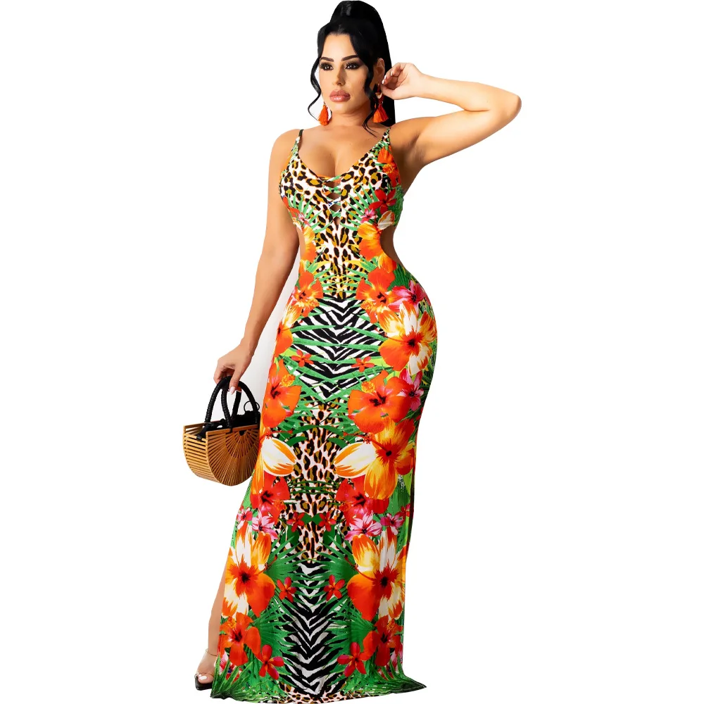 

Kalenmos Women Long Dress Print Sleeveless Strap V-neck Hole Hollow Out Stretchy Bodycon Maxi Dresses Sexy Fashion Outfit Summer