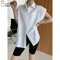 women shirts summer female blouse sleeveless ladies tops padded shoulder midi turn down collar button korean fashion thin folds