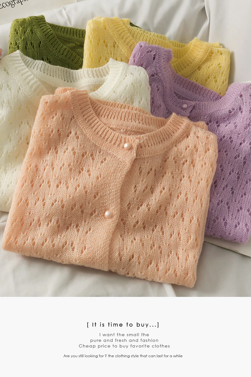 

2021 Summer Light and Thin Hollow Perspective Single-breasted Knit Top Women's Candy Color Short-sleeved All-match Shirt
