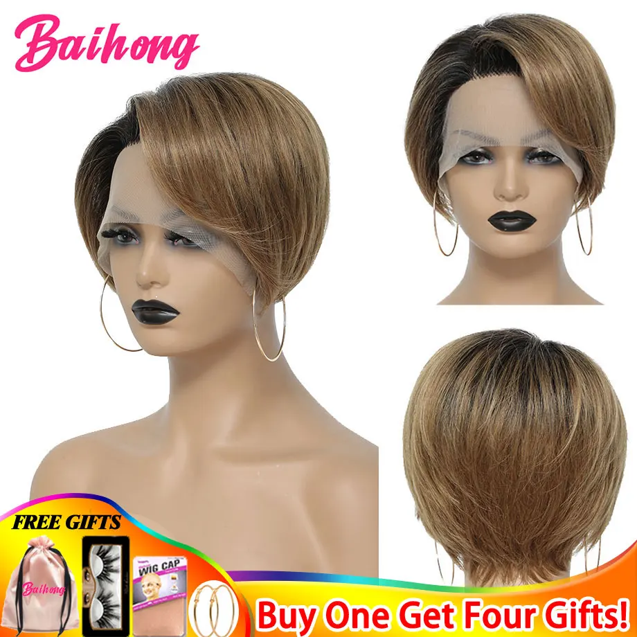 

Short Straight Ombre Brown Pixie Cut Lace Front Wig Human Hair Wig For Black Women 13*4 Blonde Remy Hair Lace Wig Baihong