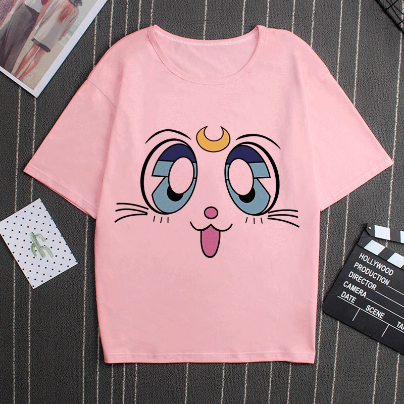 2856 Sailor Moon 90s Funny Pink T Shirt Harajuku Clothes Tshirt Aesthetic Cat Anime Vogue T-shirt Kawaii Graphic Tees Ullzang Women - Цвет: 2856