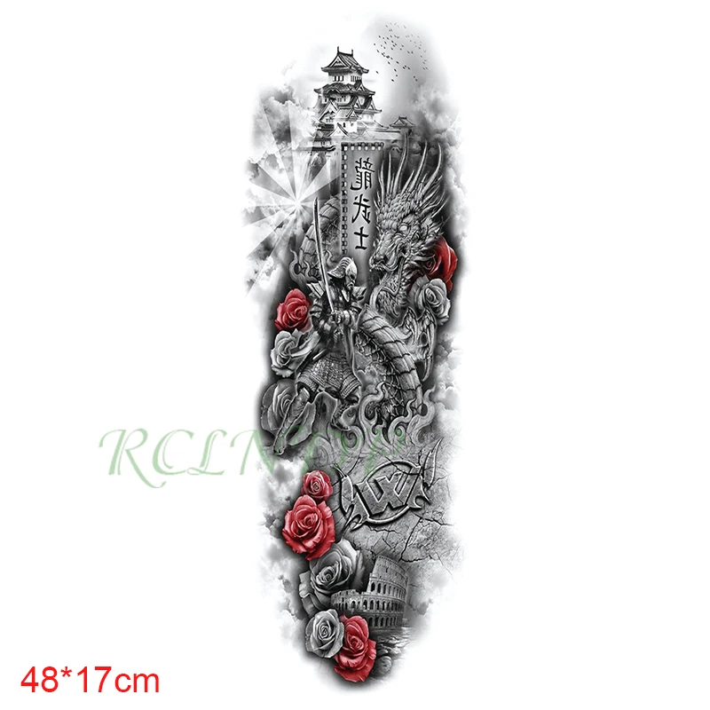 Водонепроницаемая Временная тату-наклейка цветок воин Дракон башня китайская