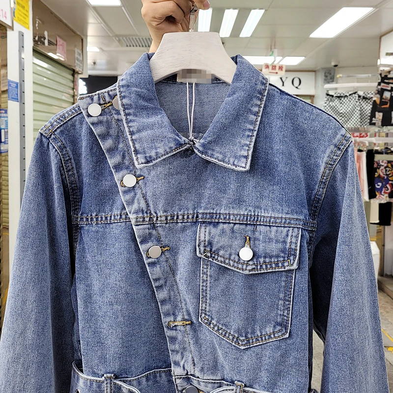 Женская джинсовая куртка с длинным рукавом Короткая синяя в Корейском стиле