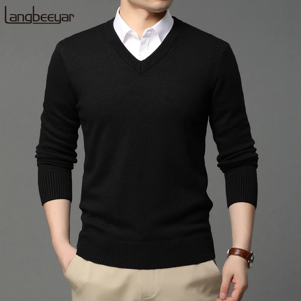 2022 High Quality New Fashion Brand Woolen Knit Pullover V Neck Sweater Black For Men Autum Winter  Casual Jumper Men Clothes