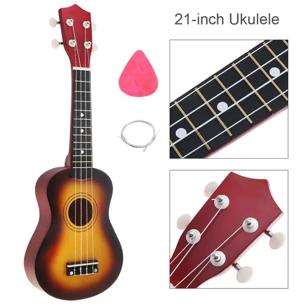 

21 Inch Soprano Ukulele 12 Frets Sun Color Hawaii Four String Guitar with Nylon String and Pick for Beginners Children