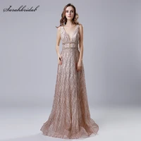long formal evening dresses v neck sequined tulle elegant party gown beads sleeveless backless women robe de soiree cheap lx541