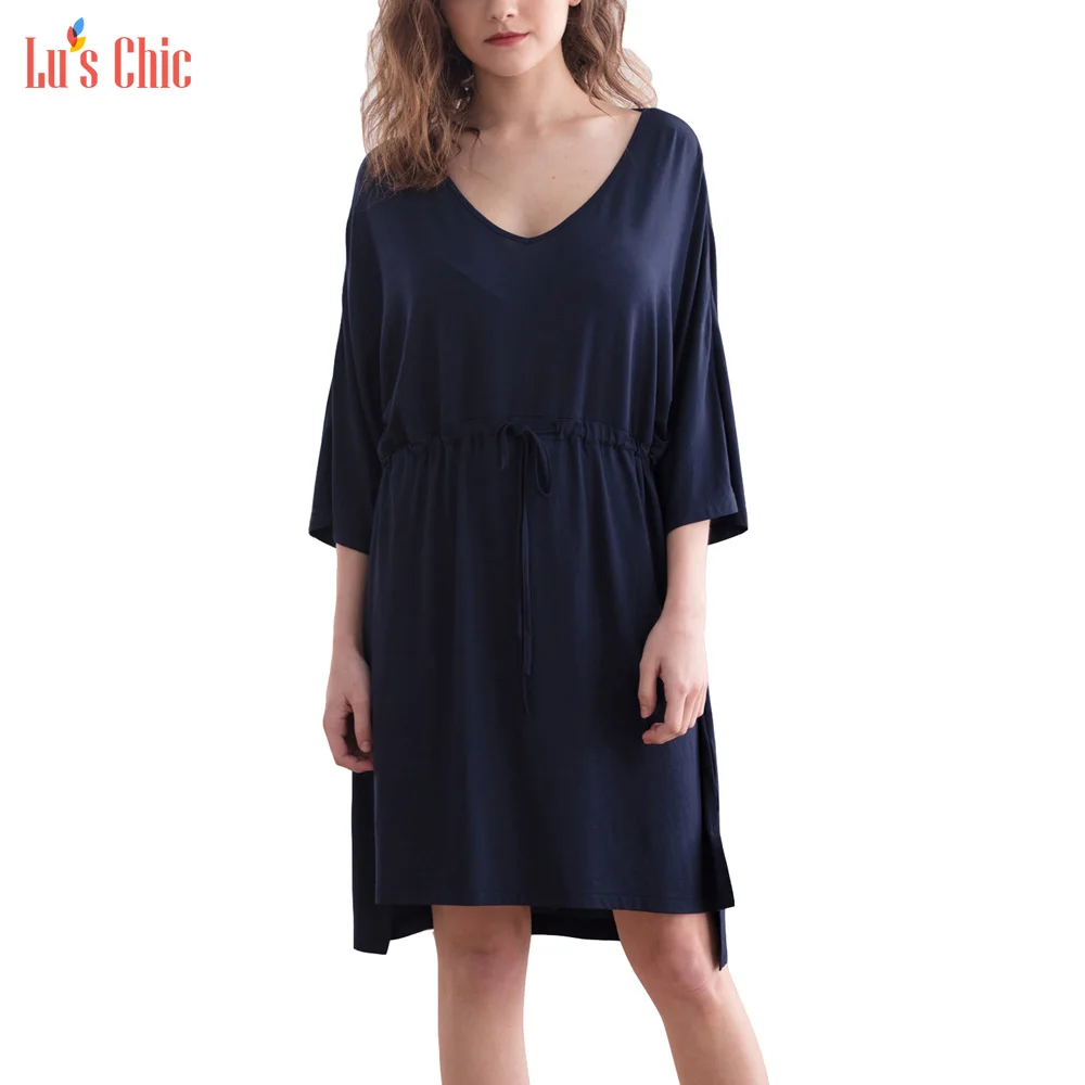 

Lu's Chic Modal V Neck 3/4 Sleeve Loose Casual Soft Sleep Dress Nightdress Drawstring Women Loungewear