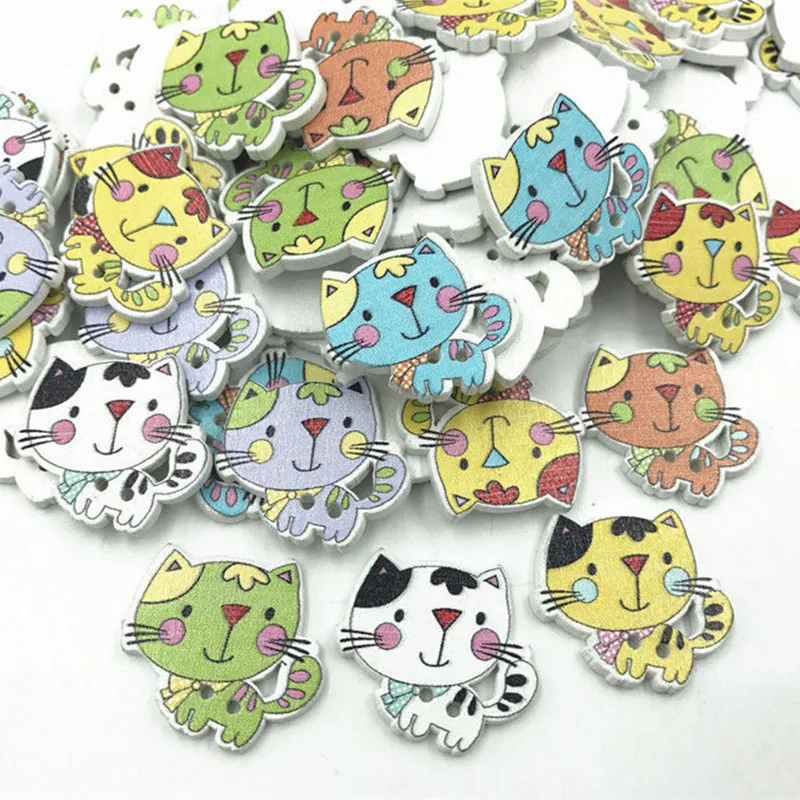 DIY 100pcs Wooden Cartoon пуговицы кошки пошив скрапбукинга поделки accessories 24mm|Пуговицы| |