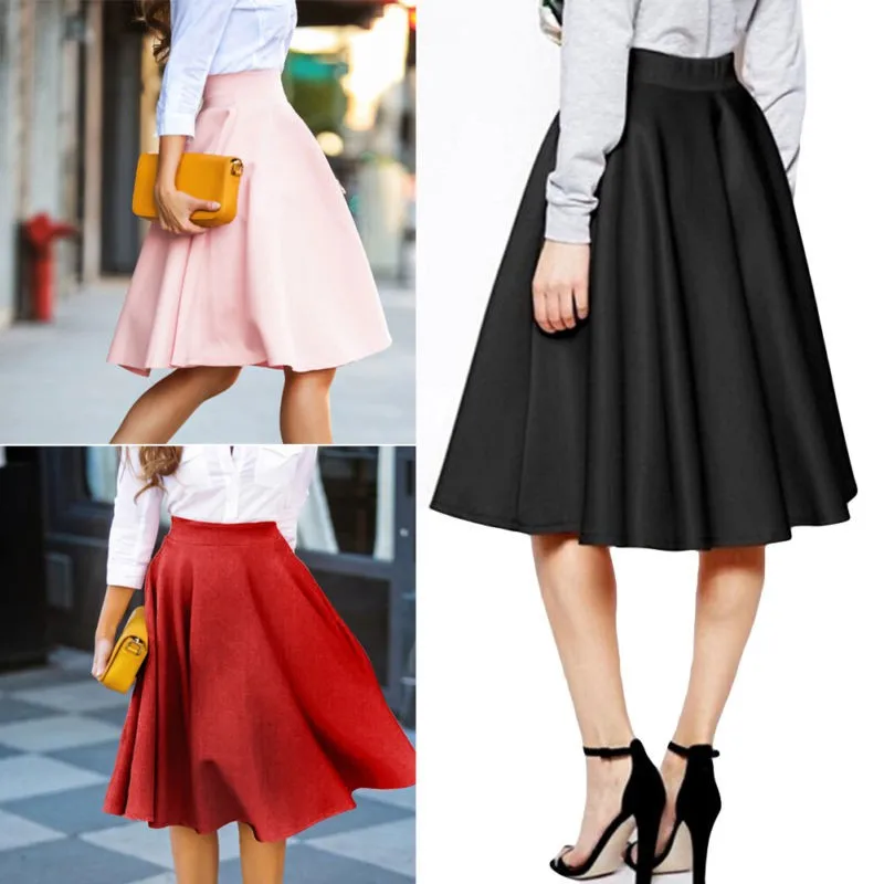 

High Waist Elegant Women Knee-Length Midi Skirt Flared Pleated Skirts Swing Ladies Casual Solid Female Skirt Streetwear Fashion