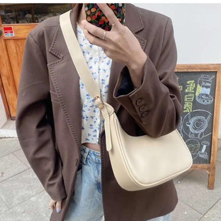 

Fashion All-match Women Shoulder Underarm Bags Solid Color PU Leather Ladies Half-moon Crossbody Bag Simple Design Female Hobos