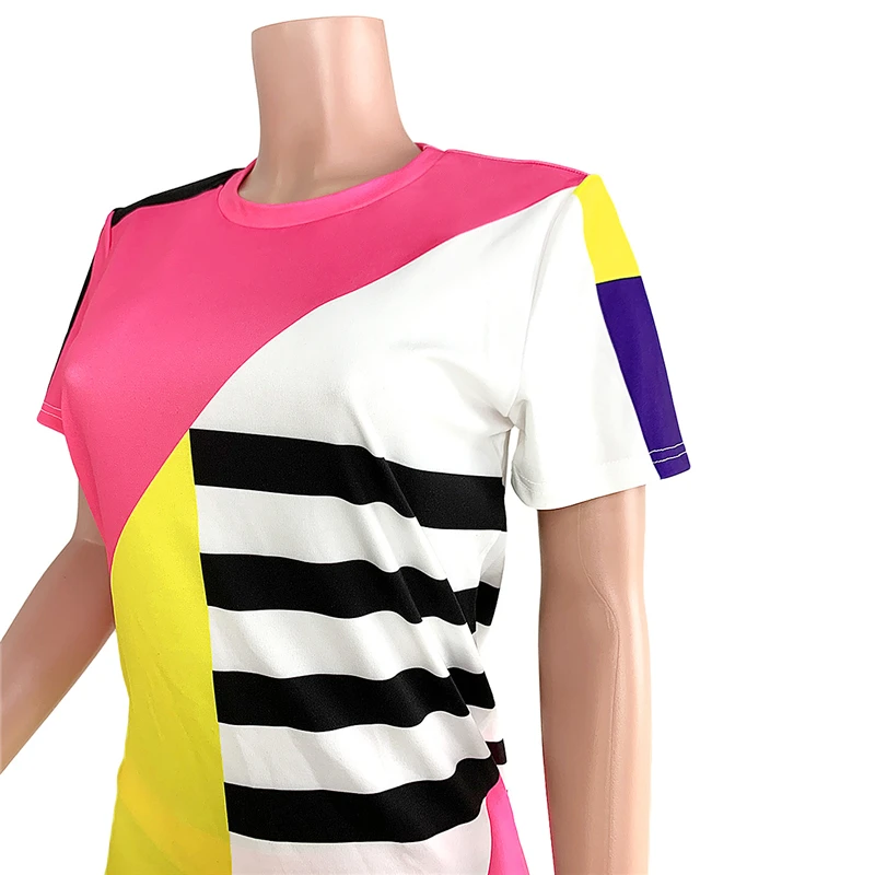 Adogirl Stripe Color Patchwork Two Piece Set Short Sleeve T Shirt Top Shorts 2020 Summer Women Casual Tracksuit Home Suit S-3XL |