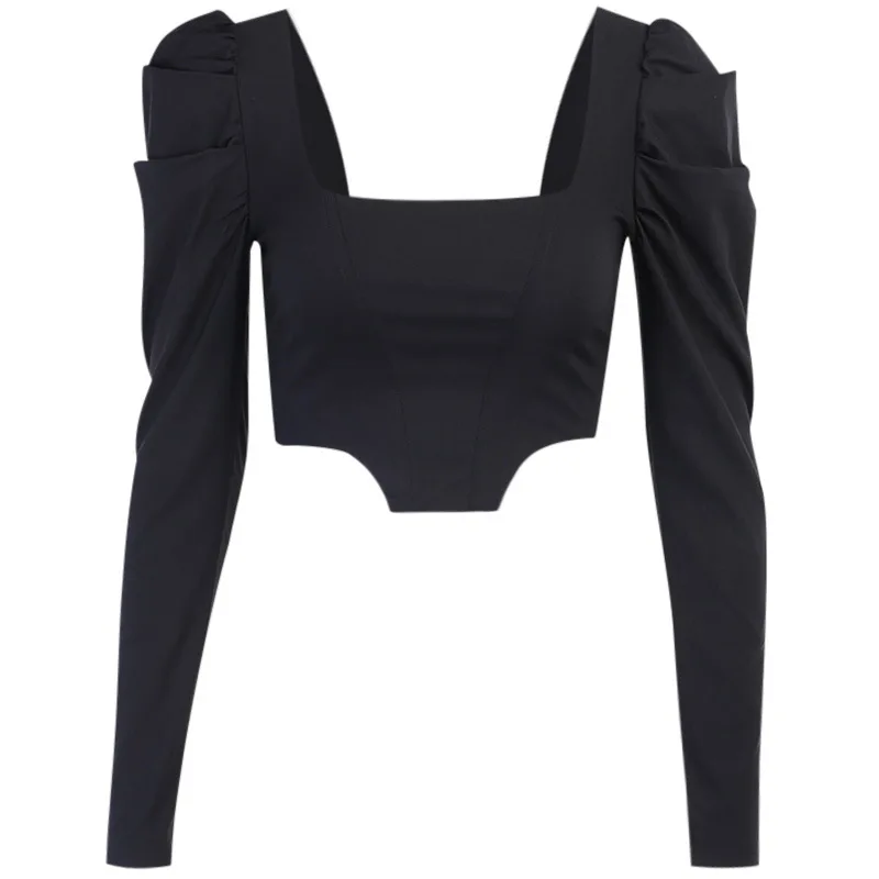 

Gothic Long Sleeve Slim Women Top Solid Color Bubble Sleeve Long-sleeved Top Sexy Square Collar Slim Fit Back Strap Short Top