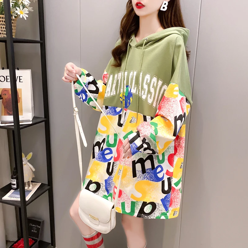 

#1802 Spliced Color Hoodies Sweatshirts Women Loose Cotton Long Hoodie Woman Letters Printed Harajuku Streetwear Hip Hop Hoodie