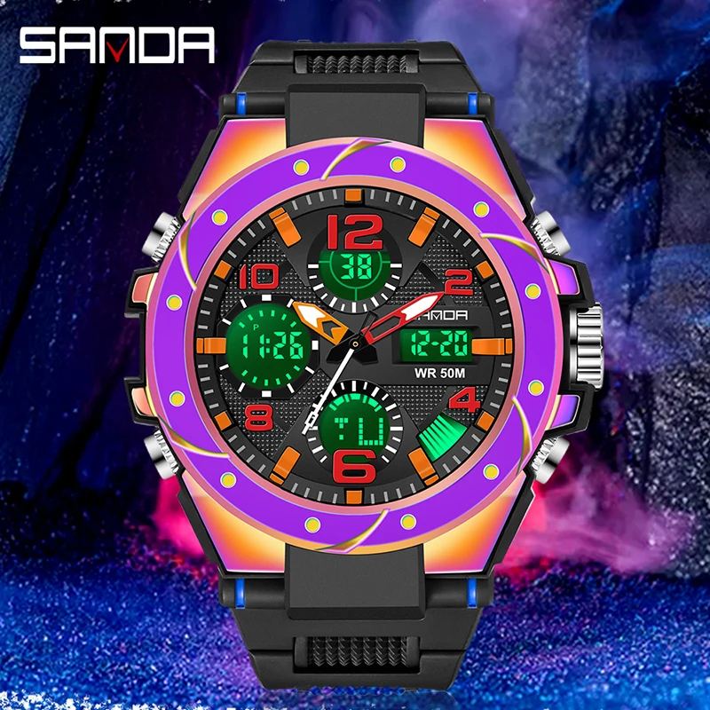 

Часы наручные SANDA Мужские кварцевые аналоговые, брендовые Роскошные спортивные светодиодные цифровые водонепроницаемые в стиле милитари, ...