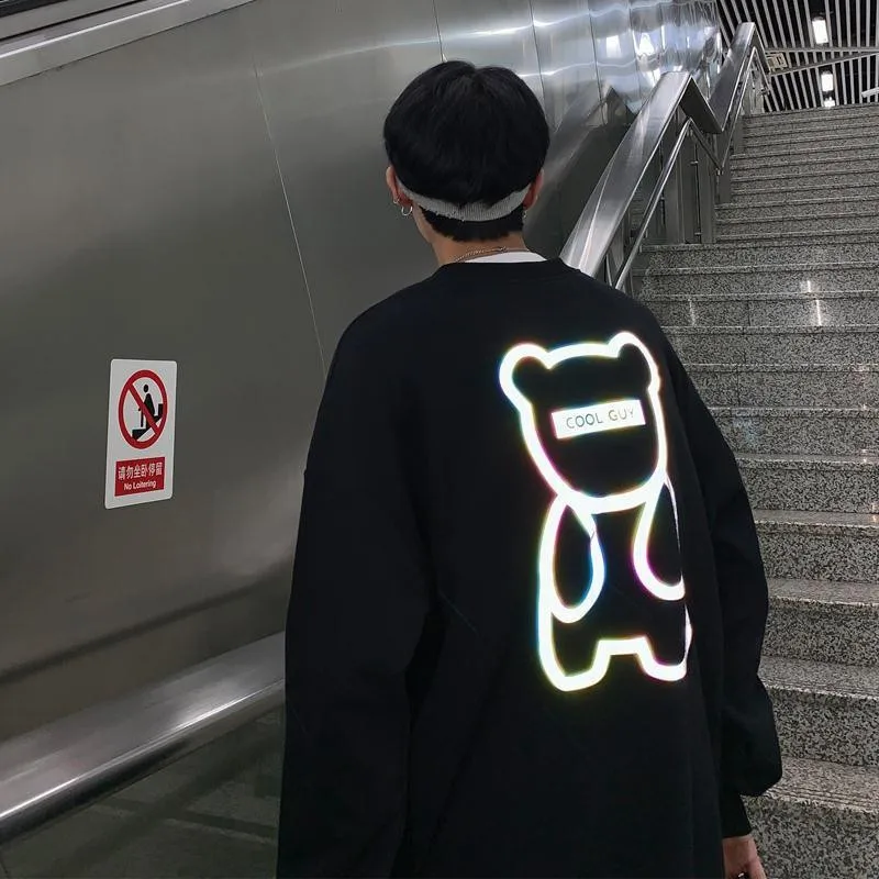 

Winter Women's Reflective Oversized Casual Hoodie Anime Bear Illuminate Drop Shoulder Sweatshirt Plus Pocket Fleece Tops