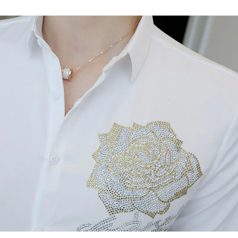 

Rose Rhinestone 2021 Casual Men Shirt Slim Fit Long Sleeve Shirts Men Dress Wedding Nightclub Party streetwear Clothes Camisa