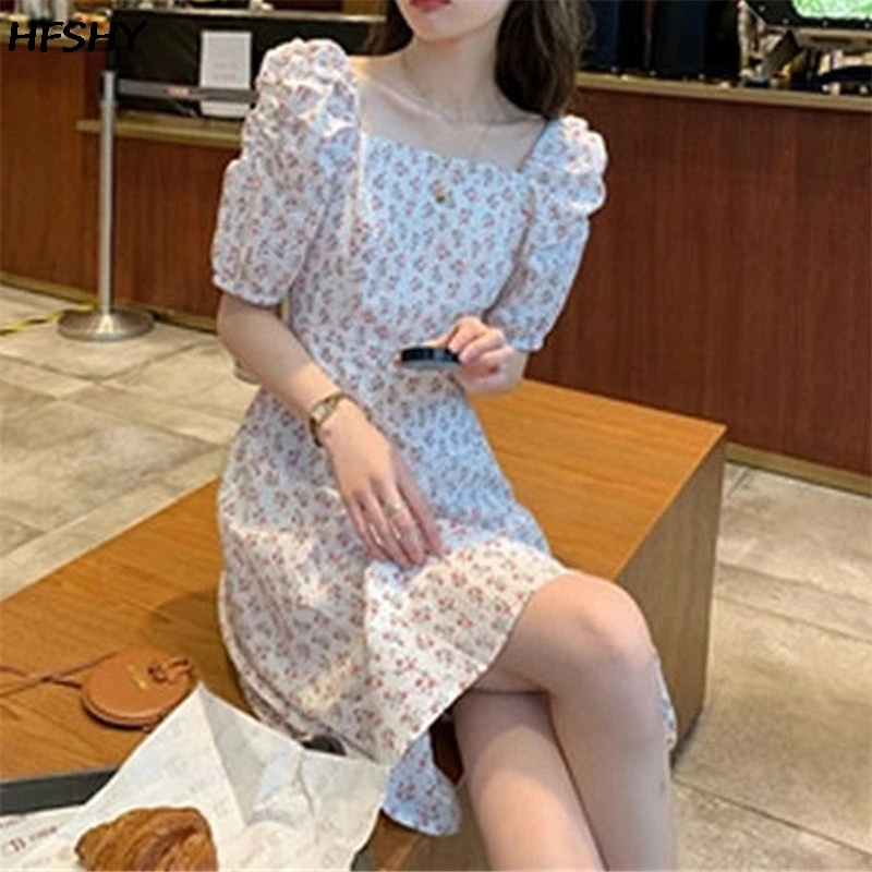 

Dresses Women 2021 Summer Puff Sleeve Sweet Korean Square Collar High Waist A-line Fresh Knee-length Chic Lady Elegant Tender