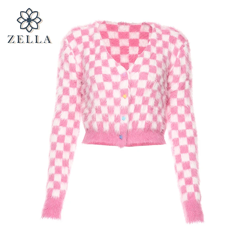

Plaid Sweaters Women Y2K Slim Korean Thin Furry Fashion Autumn Winter Cardigans Sweet 2021 Cardigan Sweater Knit Coat Top 2021