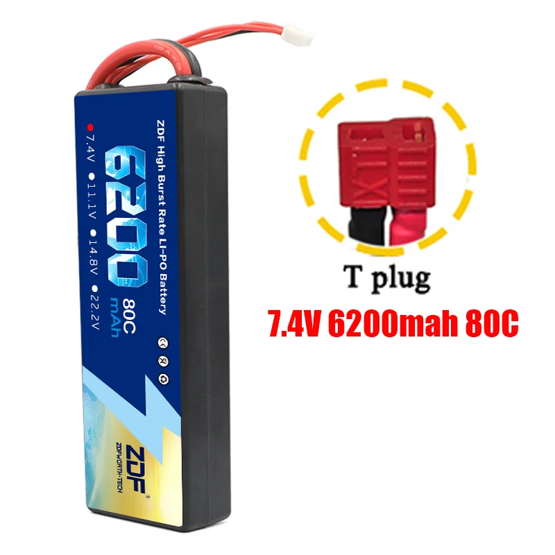 2S6200mah T plug ZDF Lipo Аккумулятор 7,4 V 11,1 V 14,8 V 5200mah 6200mah Hardcase 2S 3S 4S 80C 160C 1/10 1/8 весы для Traxxas Slash 4x4 RC автомобилей лодки - Color: 2S6200mah T plug